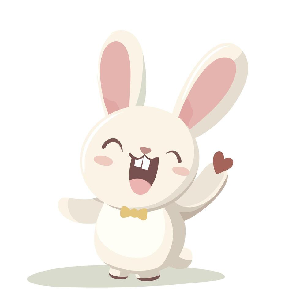 Cute cartoon bunny with big ears and cheerful expression, waving with heart. Perfect for children illustrations or festive designs vector