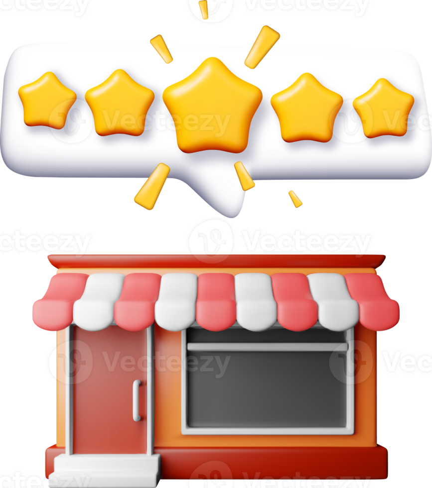 3D store building with five star rating symbol png