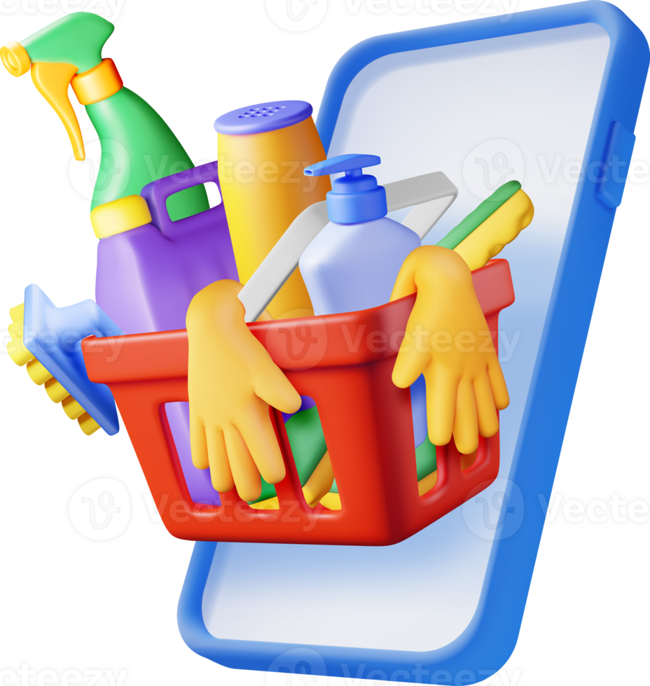3D home cleaning tools on phone png