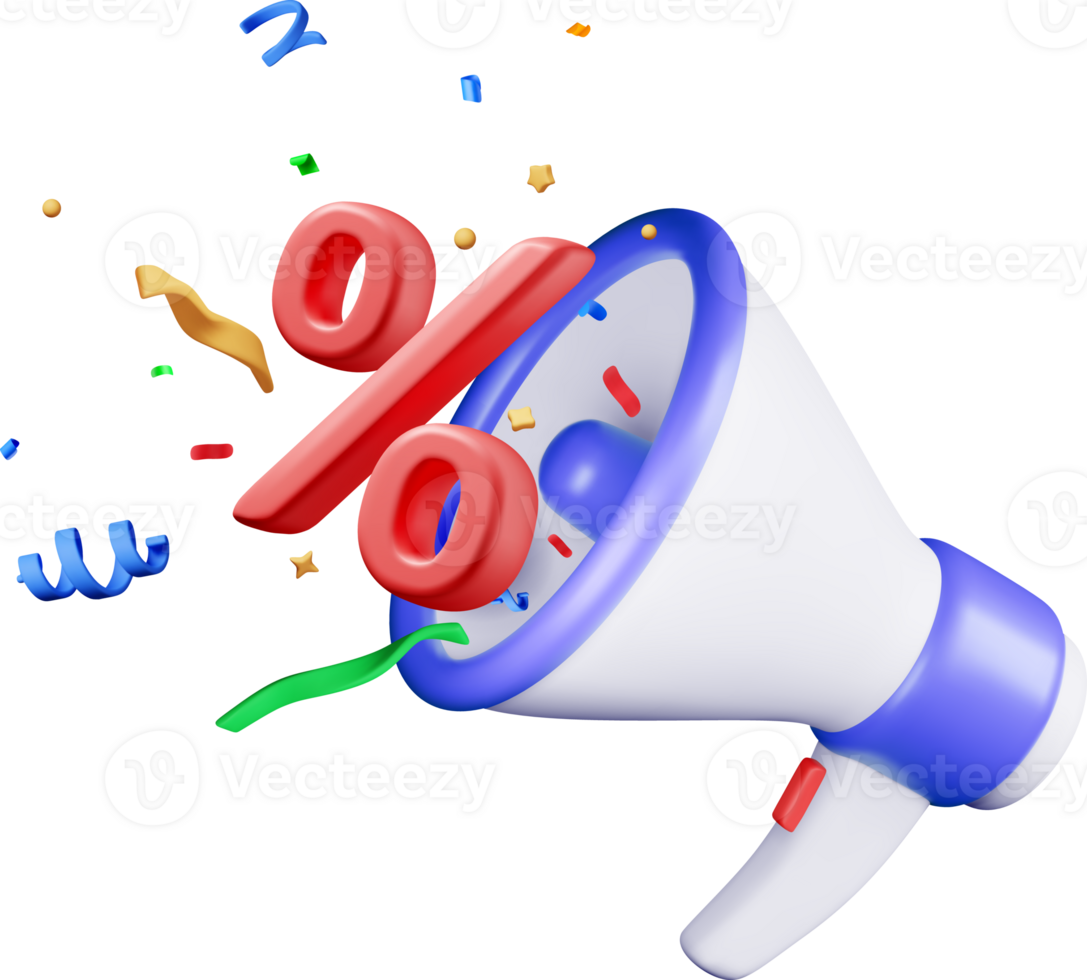 3D megaphone and percent symbol in confetti png
