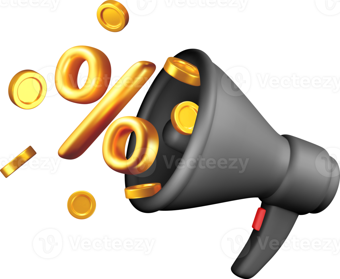 3D megaphone and percent symbol in coins png