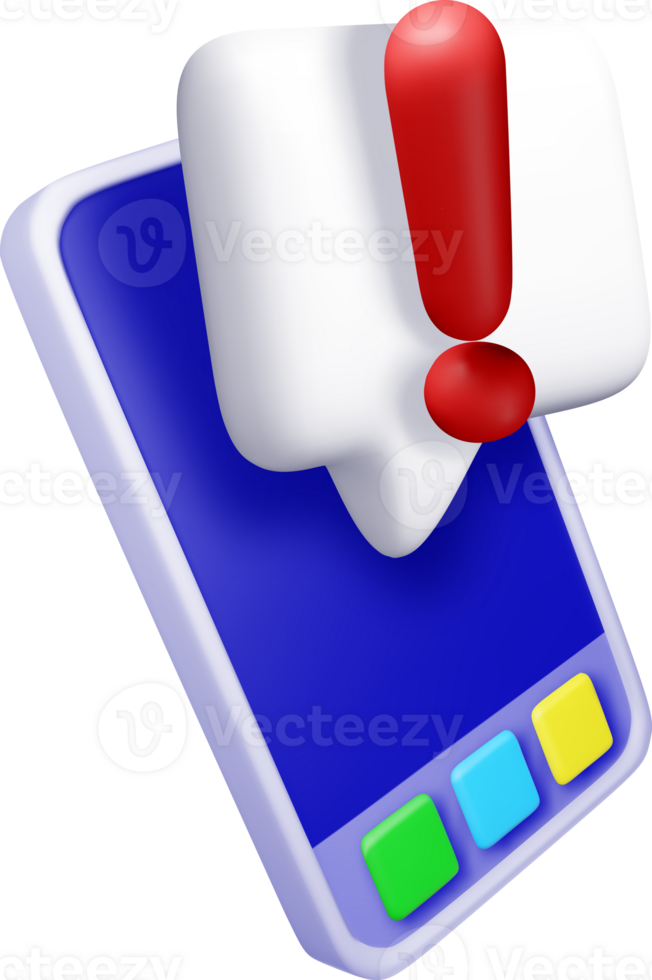 3D exclamation mark in chat bubble in smartphone. png