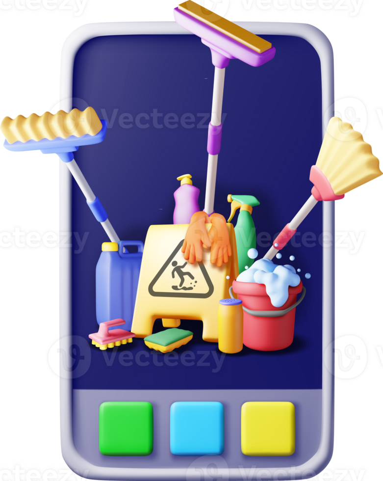 3D home cleaning tools on phone icon png