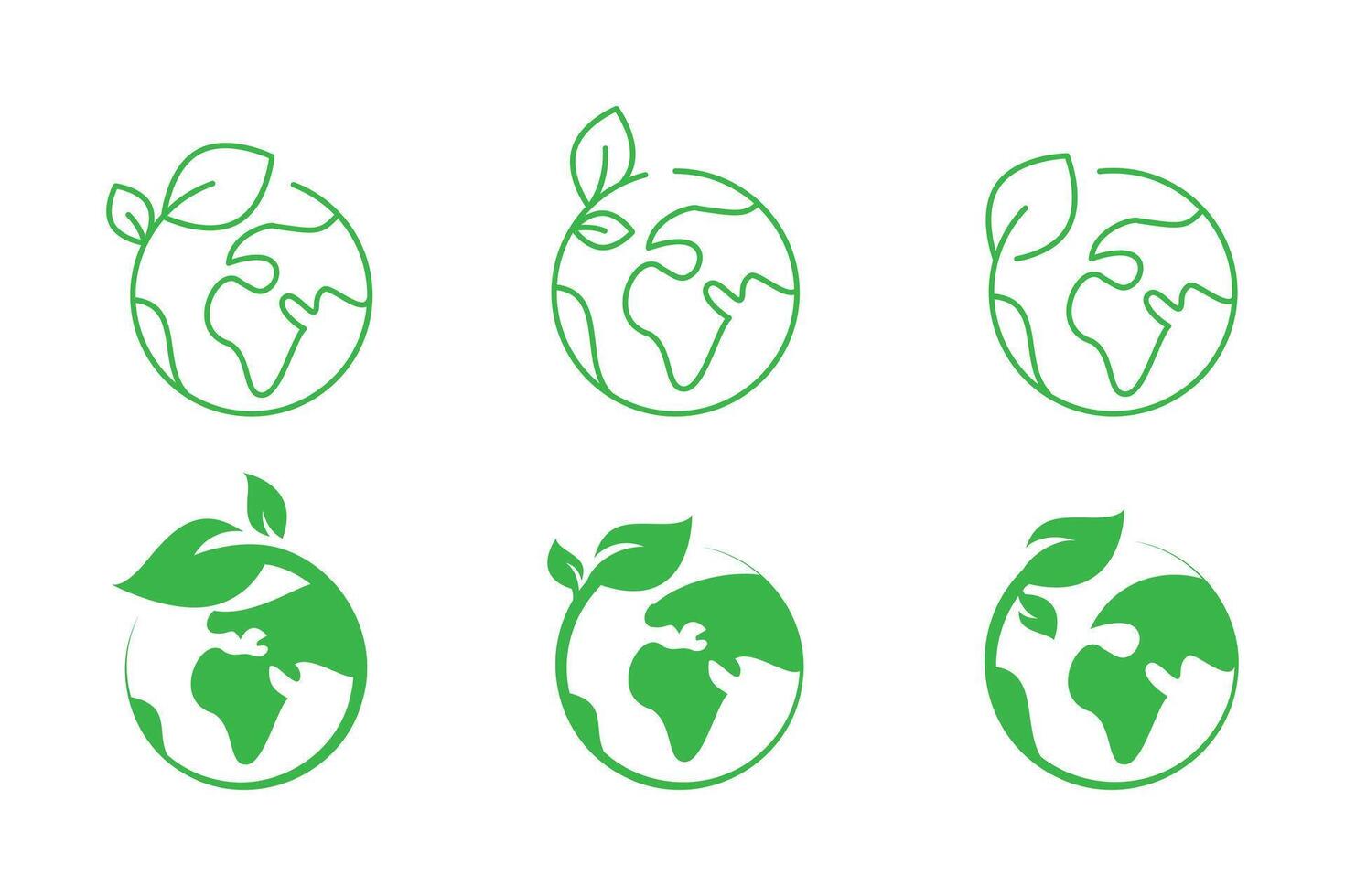 Six green earth icons with leaves suitable for environmental websites vector