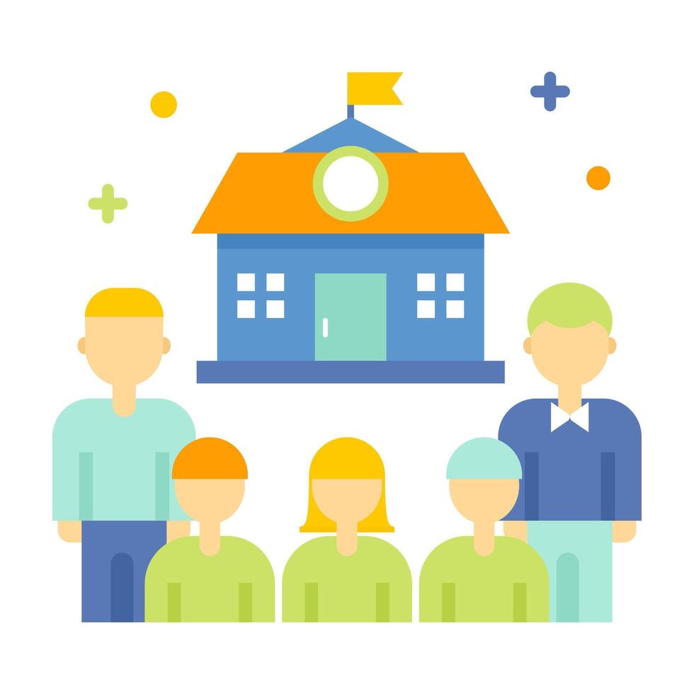 Education concept icon illustration. Back to school. Teachers, lecturers and students in front of a school or university building vector