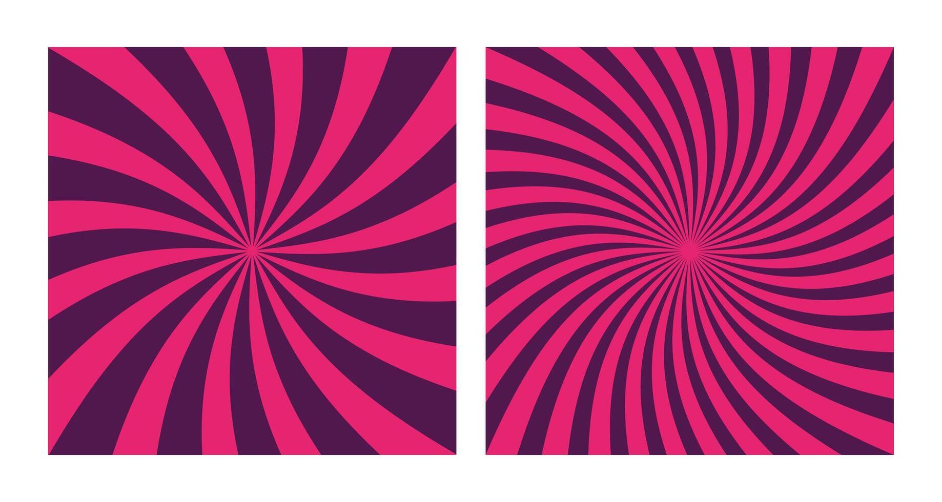 Set of Two Abstract Purple Spiral Patterns on Pink Background. Square Posters with Pink and Purple Groovy Hypnotic Swirls, Retro Inspired Grunge Sun Bursts vector