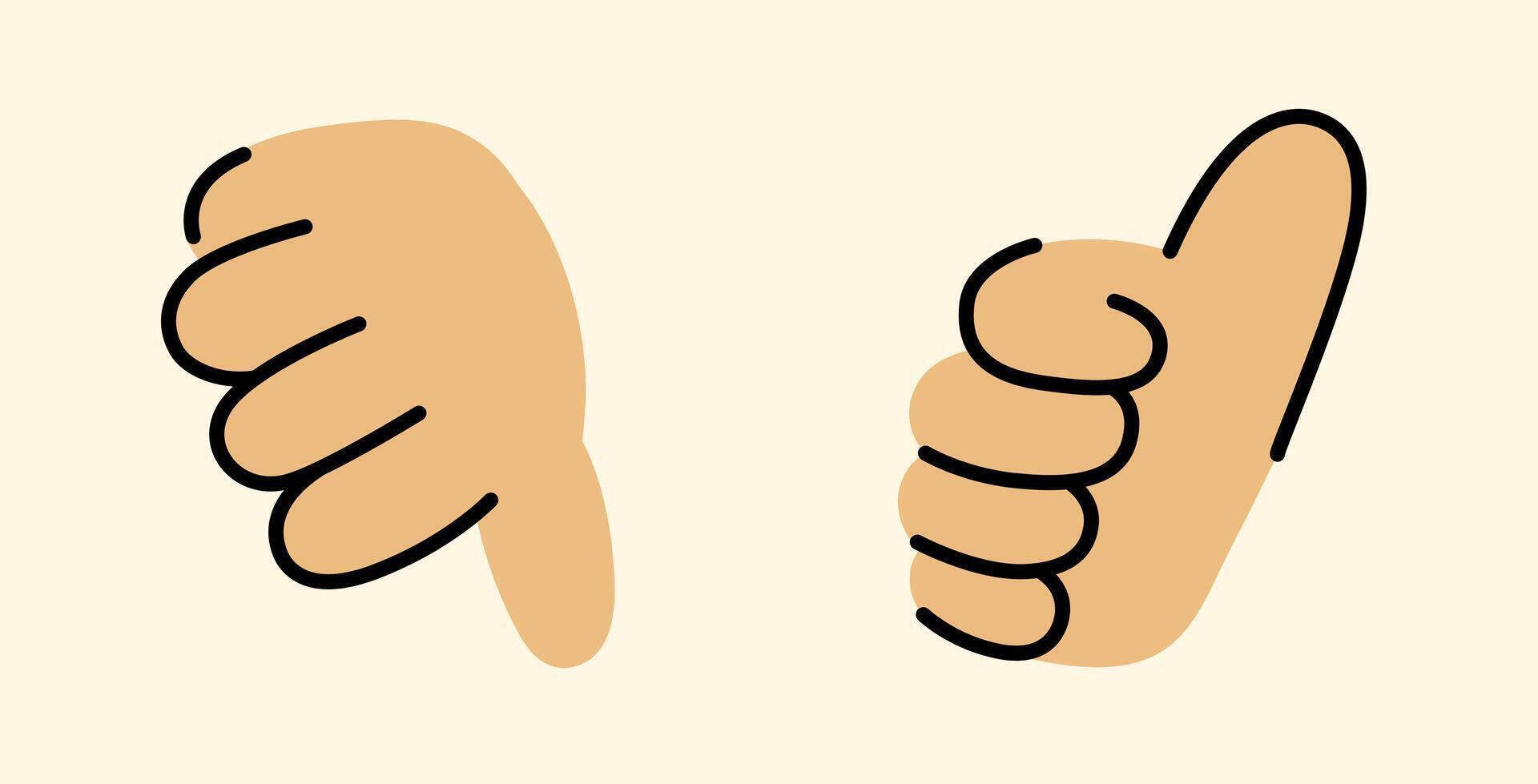 Cartoon Thumbs Up and Down Hand Gestures Illustration on Beige Background, Set of 2 Simple Drawings vector