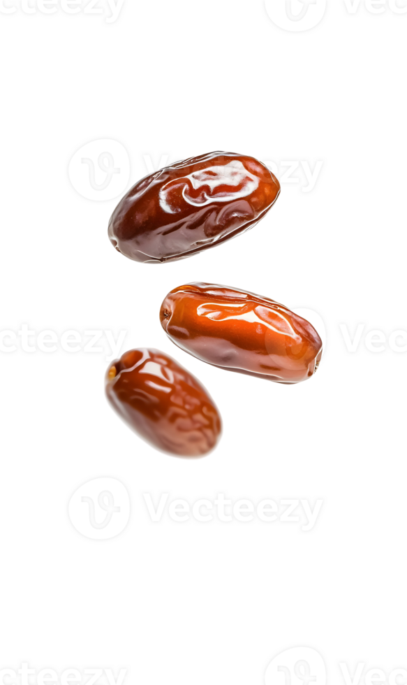 Three juicy dates, delicious and nutritious, arranged artistically against a transparent background png