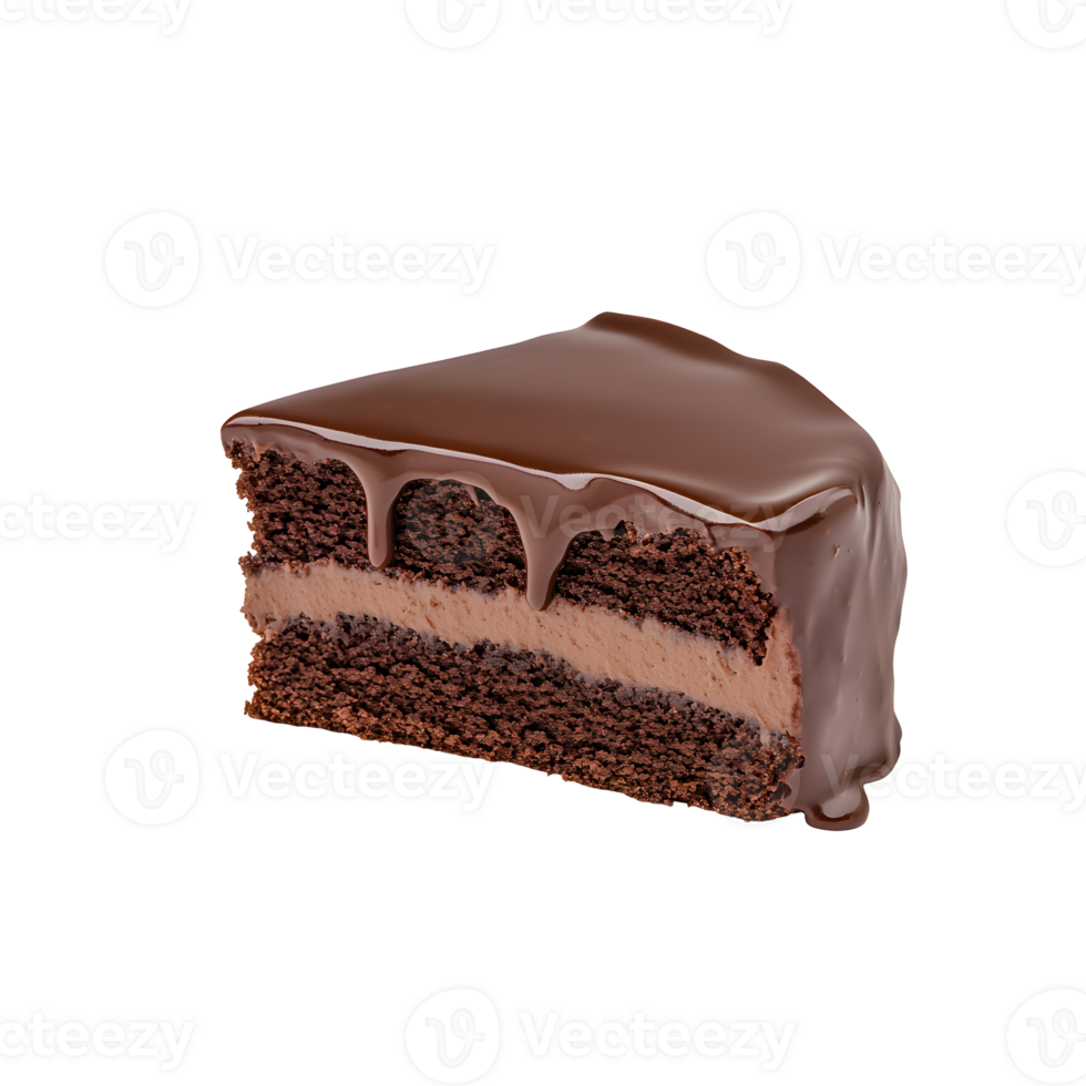 Delicious Slice of Chocolate Cake with Chocolate Sauce Drizzled, isolated on transparent Background. png