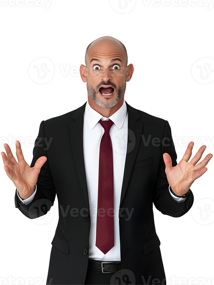 Astonished businessman expressing disbelief wearing a suit against a transparent background png