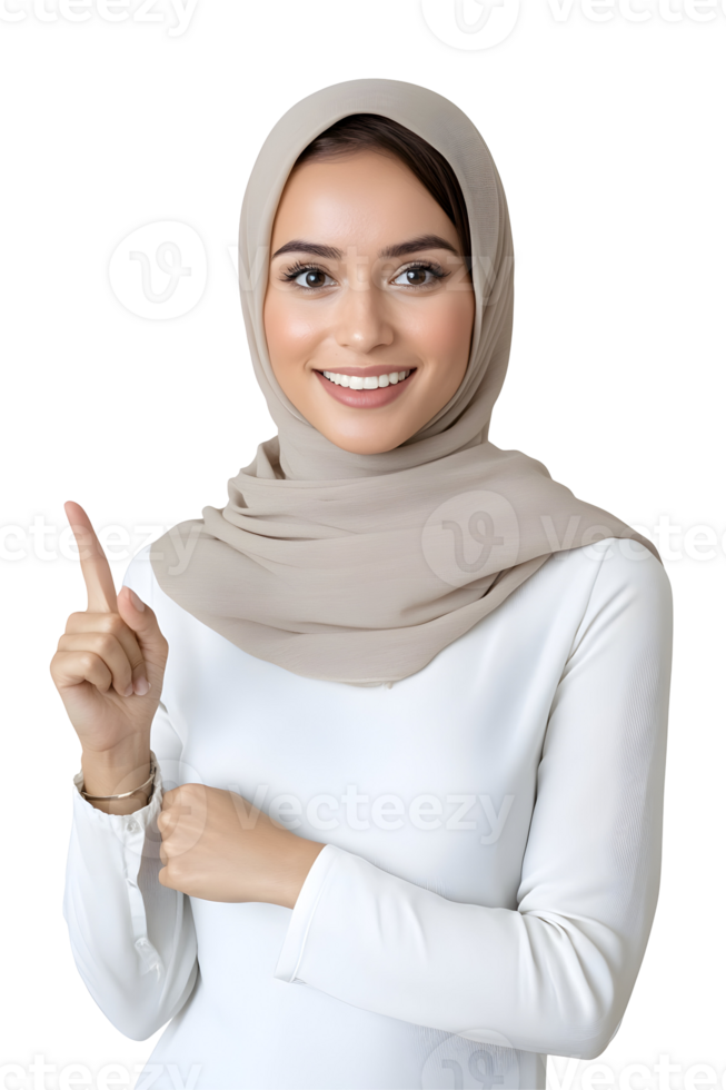 Beautiful muslim woman in hijab pointing finger upward with a radiant smile and modern look png