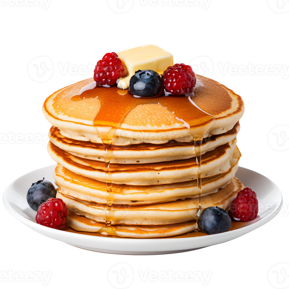 Delicious Stack of Pancakes with Fresh Berries, Butter, and Syrup Isolated on transparent png