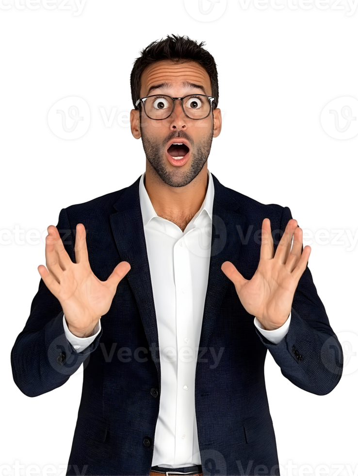 Astonished Businessman Displaying Shock Holding Hands Up on transparent Backdrop png