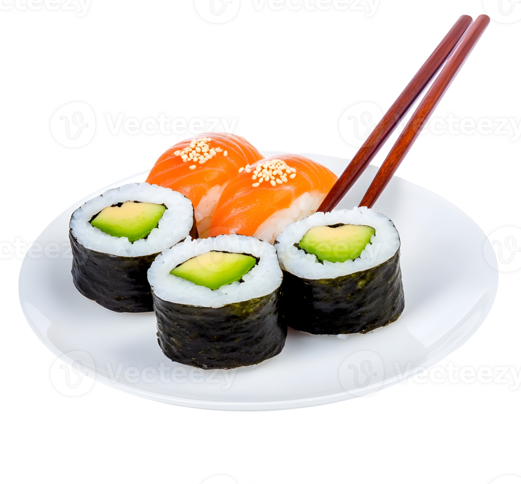 Delightful sushi arrangement featuring salmon nigiri and avocado maki on a white plate png