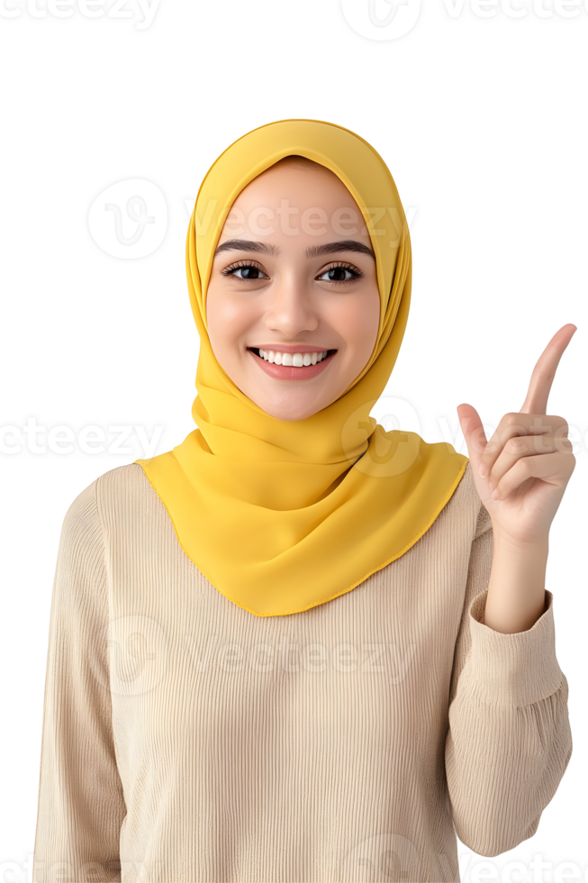 Elegant muslim woman in yellow hijab points up, presenting a bright idea for advertisement png