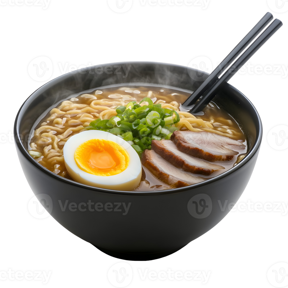 Delicious and authentic bowl of ramen with pork slices, egg, and green onions png