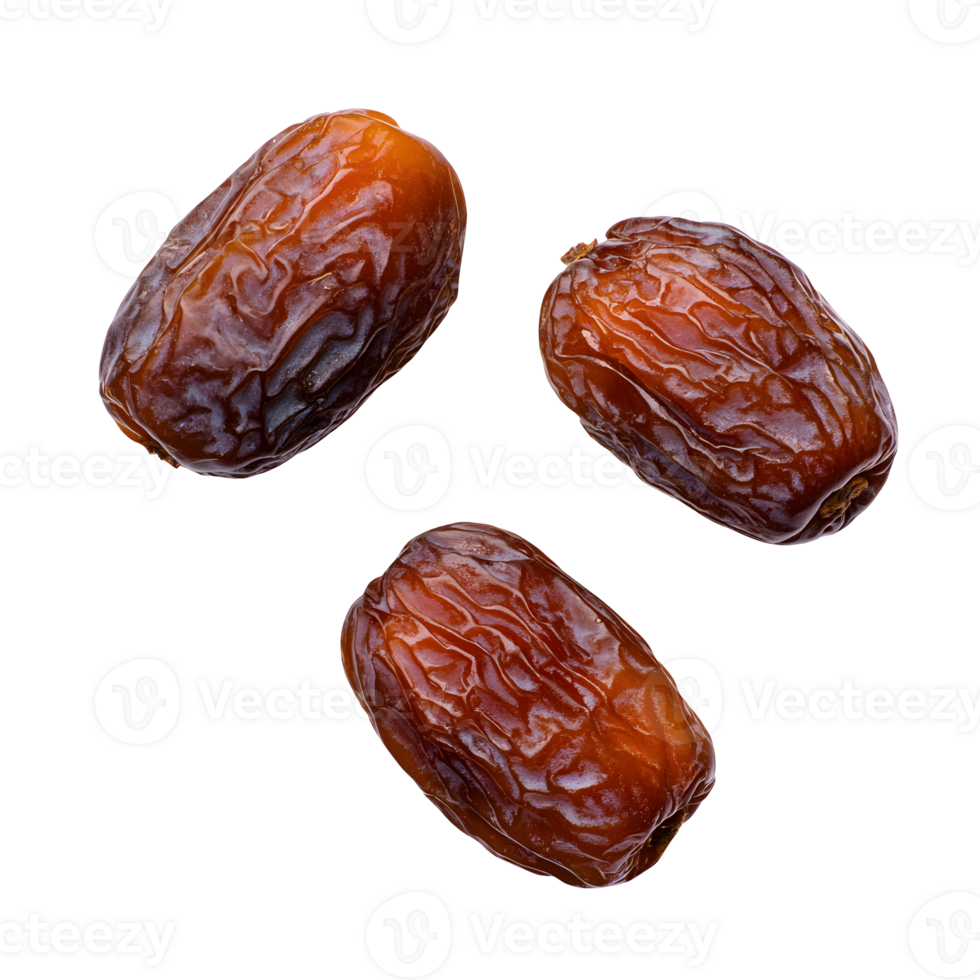 Close-up Shot Displaying Three Succulent Dates on a transparent Background, Eye-catching png