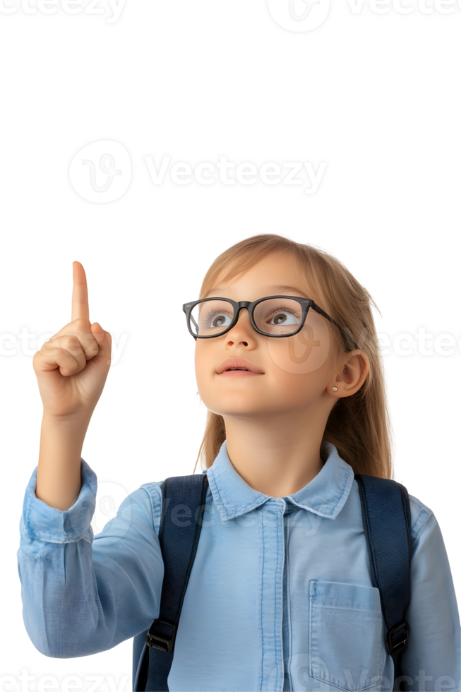 Enthusiastic young student girl pointing upwards with a cheerful expression on her face png