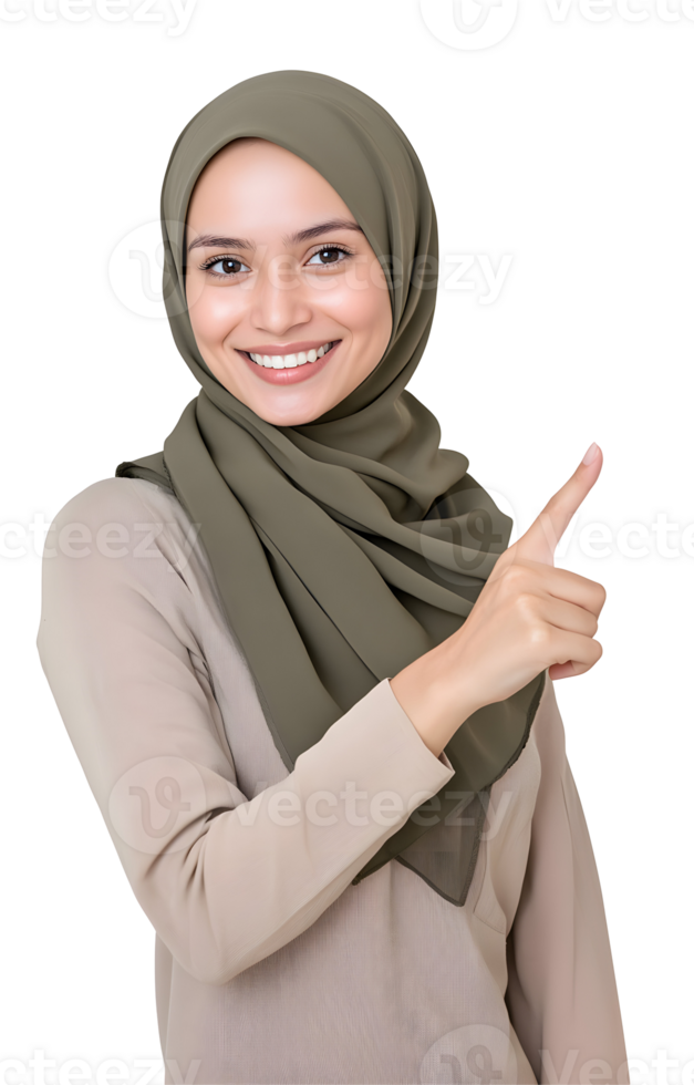 Charming muslim woman in hijab, pointing to a product with a warm and inviting smile png