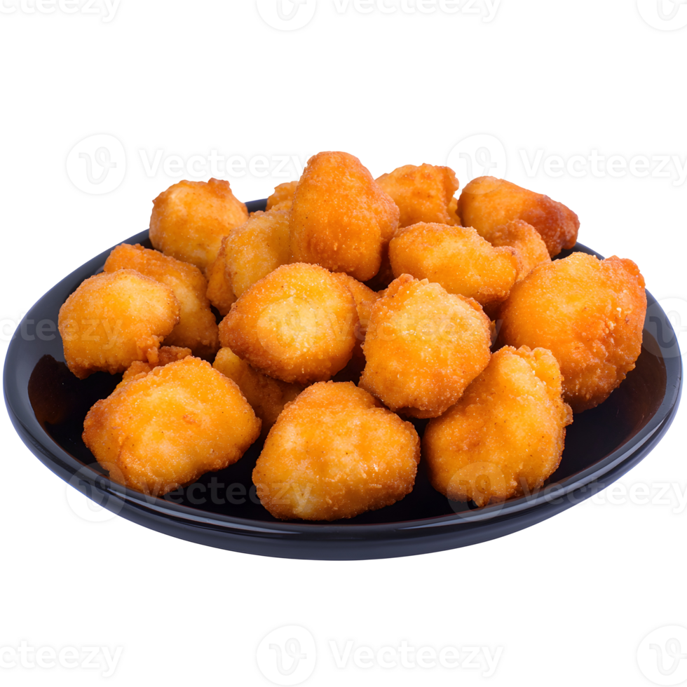 Golden Fried Chicken Nuggets on a Black Plate, Isolated on transparent Background png