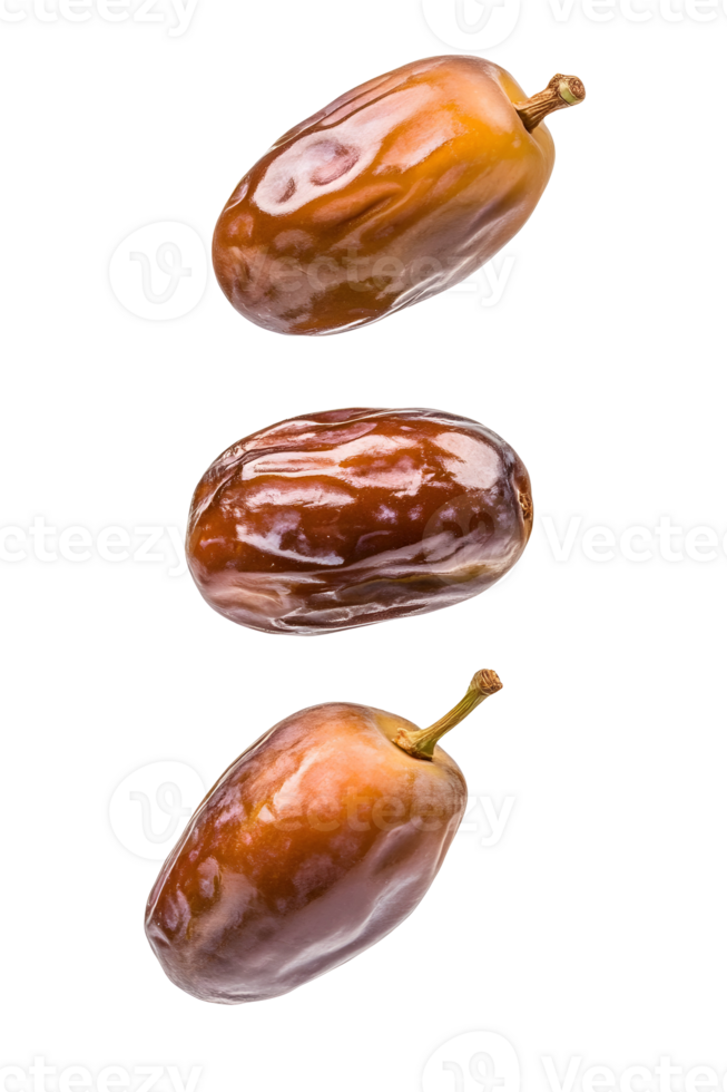 Studio shot showcasing three fresh dates arranged vertically against a transparent background png
