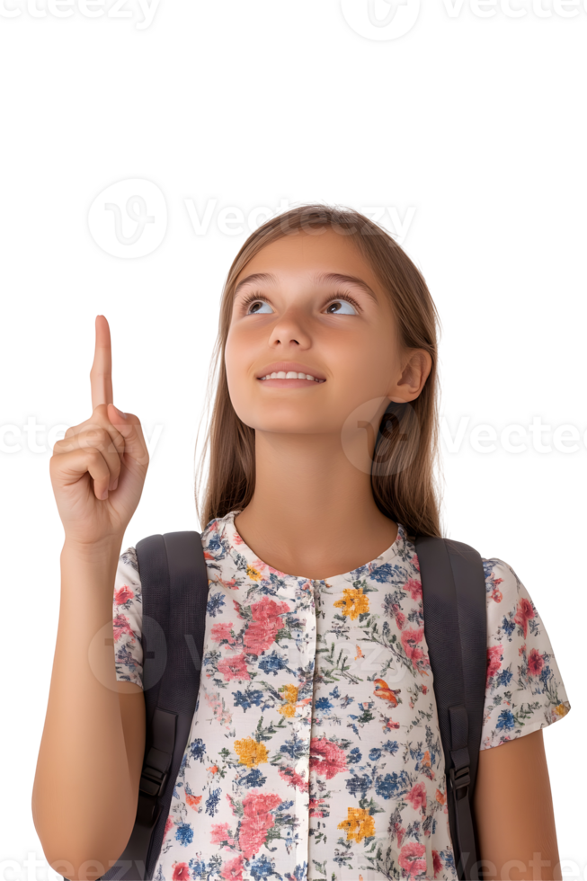 Enthusiastic young student with backpack pointing upwards, isolated on transparent background png
