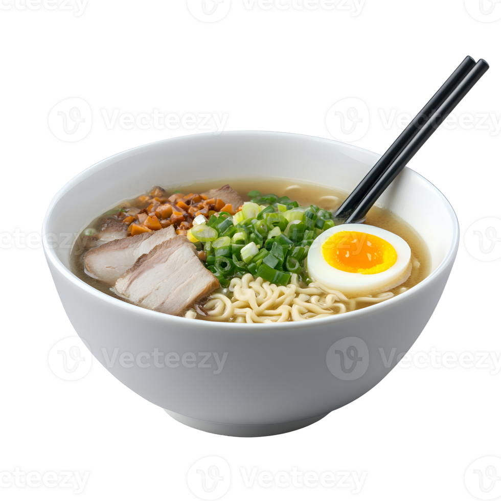 Bowl of Delicious and Authentic Ramen with Pork, Egg, and Fresh Green Onions png