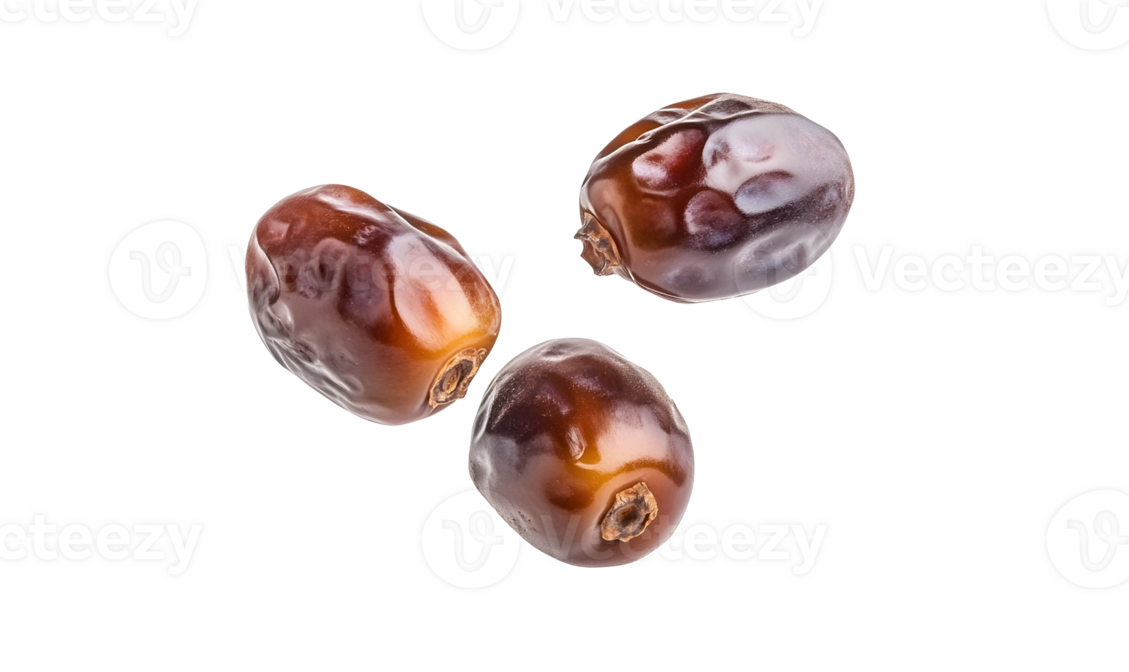Close up detail of three delicious medjool dates, isolated against a transparent background png