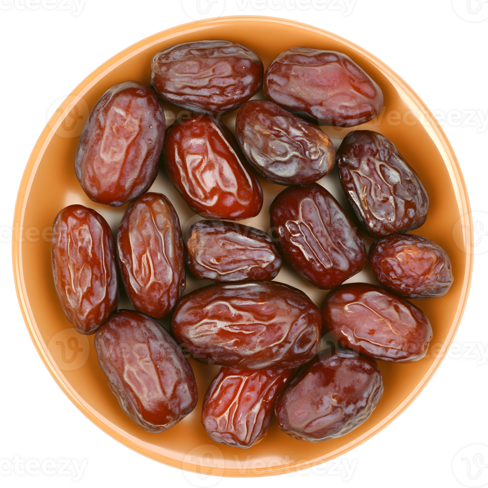 Top view of delicious shiny dates in an orange bowl against a transparent background studio shot png