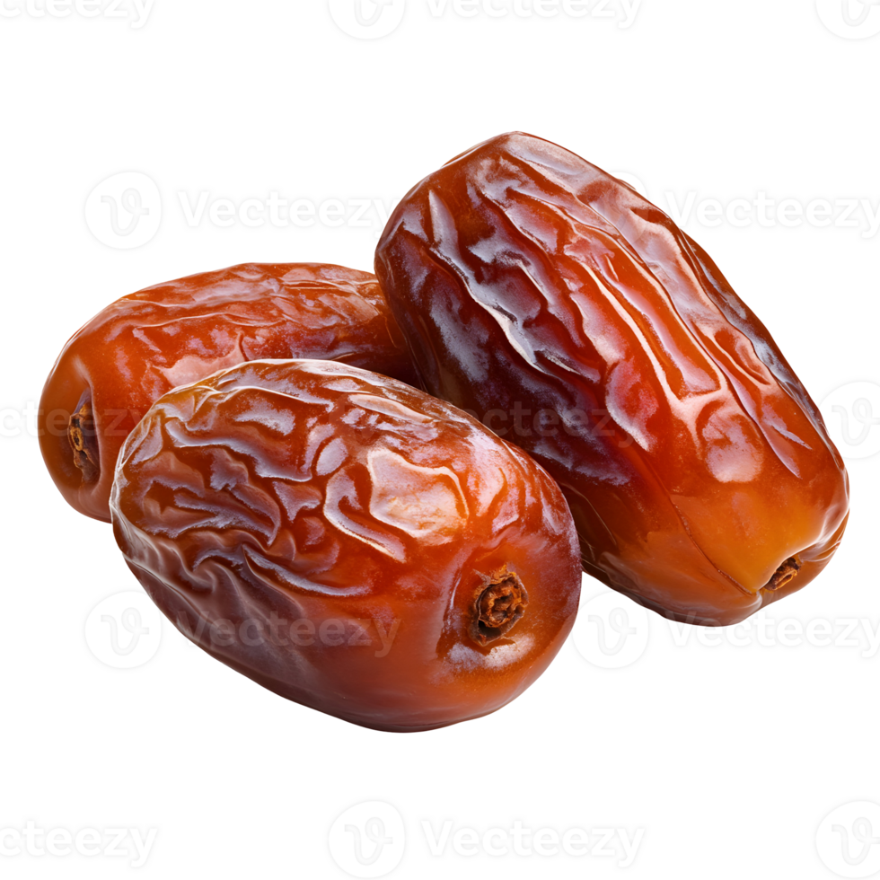 A captivating close up of three Medjool dates in perfect harmony against a transparent background png