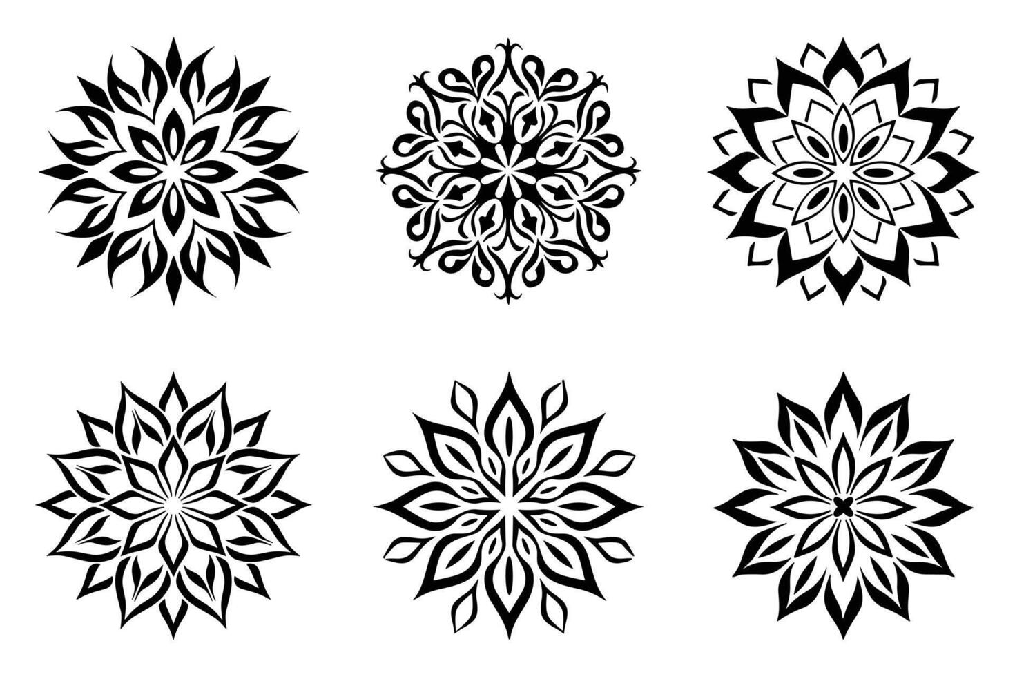 Six intricate black and white mandala designs for various uses. vector