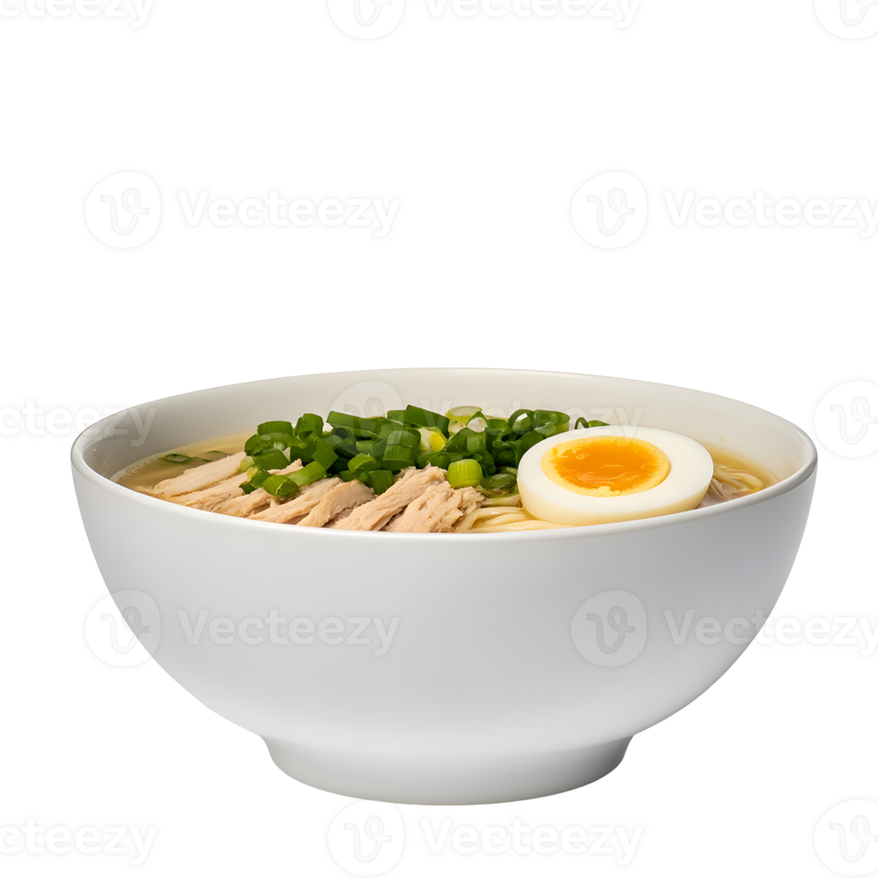 Delicious ramen bowl with sliced pork, egg and green onions on a transparent background png