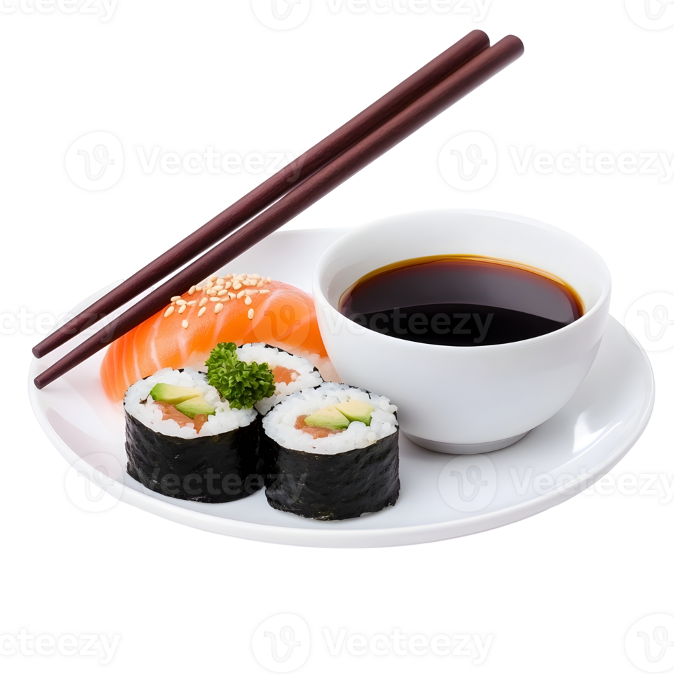 Delicious sushi assortment with salmon, avocado rolls and soy sauce on a transparent background png