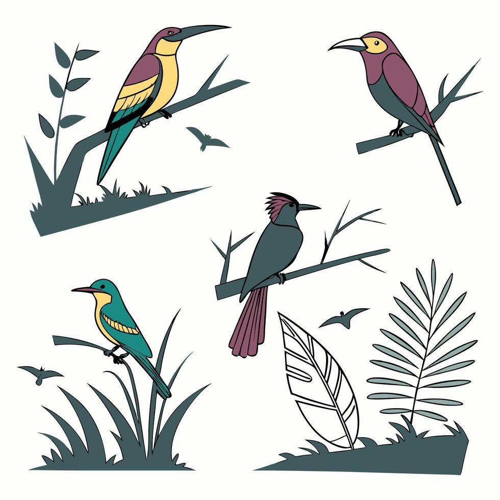 A colorful set of birds perched on a branch featuring a bee-eater, kingfisher, and roller with vibrant feathers in blue, green, yellow, and lilac, showcasing their beautiful wings and beaks vector