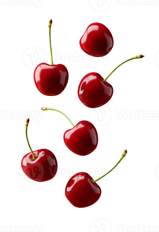 cherry . cherries isolated. Fresh cherries falling down isolated. Juicy red cherries tumbling in mid-air . Cherries dropping from above in motion isolated. Ripe cherries scattered while falling png
