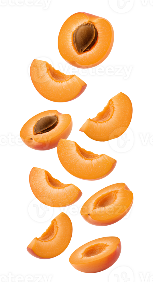 apricot fruit . apricots isolated. Fresh apricot slices falling down . Juicy apricot pieces tumbling down in mid-air isolated. Ripe apricot chunks dropping from above png