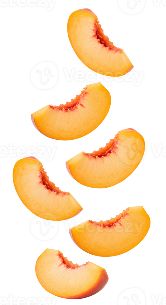 peach fruit . peaches isolated. Fresh peach slices falling down . Juicy peach pieces tumbling down in mid-air isolated. Ripe peach chunks dropping from above png