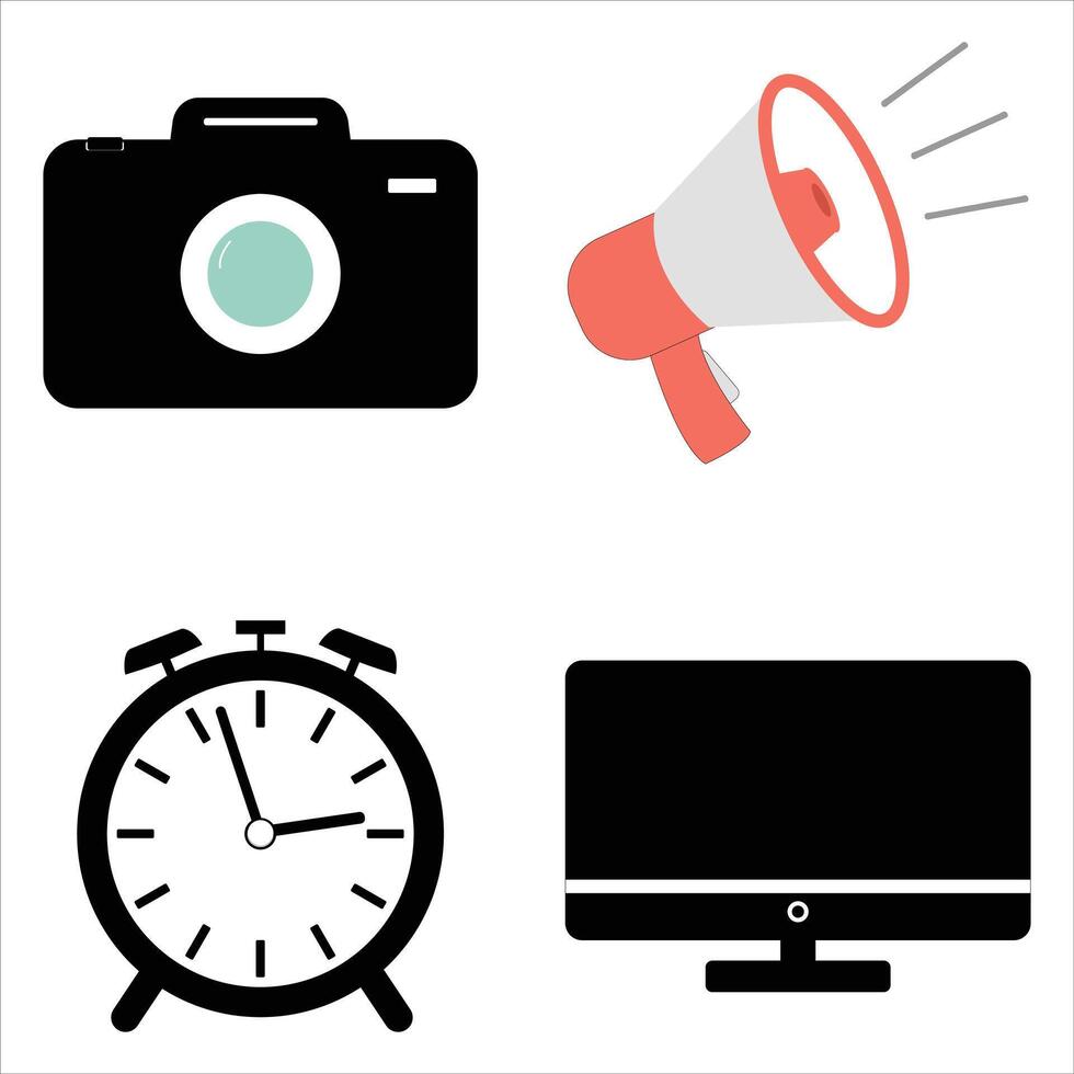 alarm clock,camera,monitor,megaphone icon set illustration vector