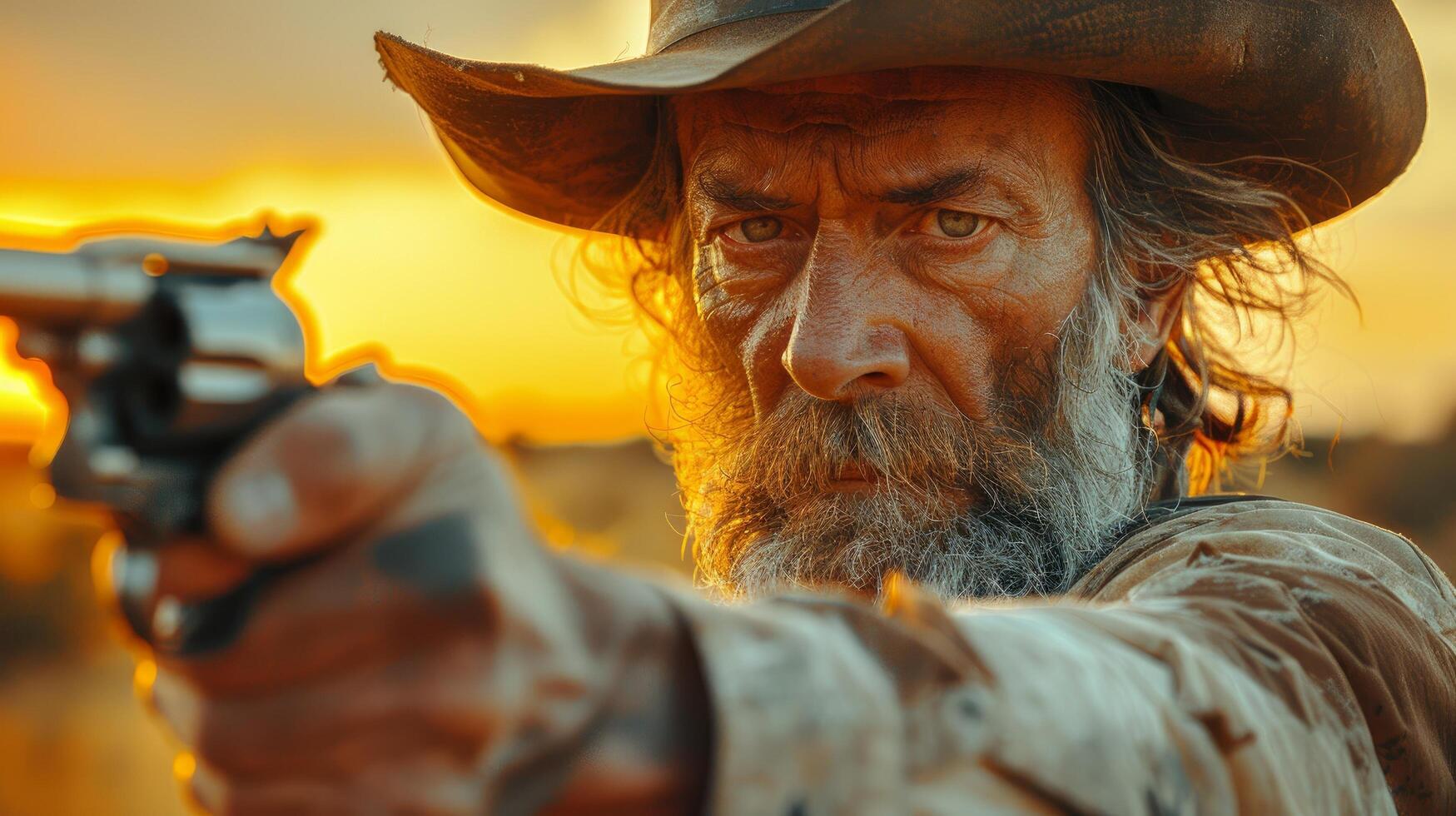 A man with a beard and hat holding a gun photo