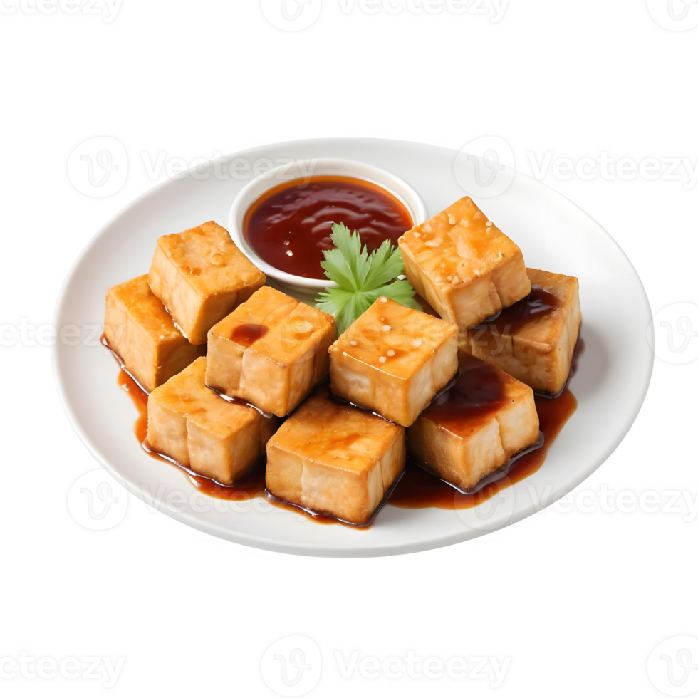 A plate of tofu with sauce and garnish png
