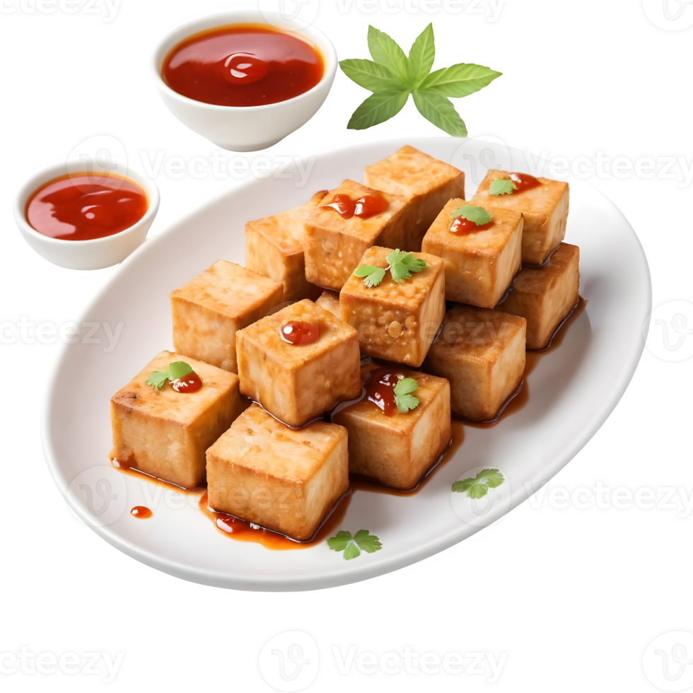 A plate of tofu with sauce and a bowl of sauce png