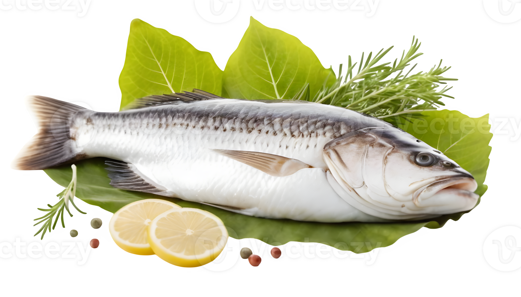 Fish with herbs and lemon on a leaf png