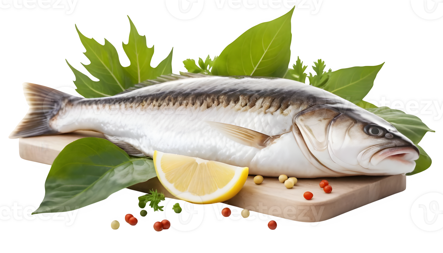 Fish with lemon and herbs on a cutting board png