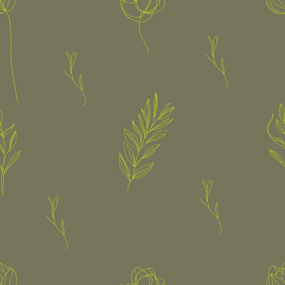 Seamless botanical pattern with delicate green leaves. Abstract line art grass. Minimalist and elegant design, perfect for textiles, wallpaper, and decor. vector