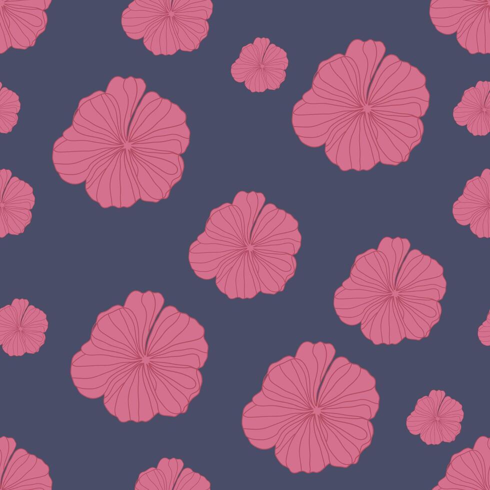 Seamless floral pattern with pink flowers on a purple background. Line art and organic shapes create a romantic and feminine design, perfect for textiles, wallpaper, stationery, and fashion design vector