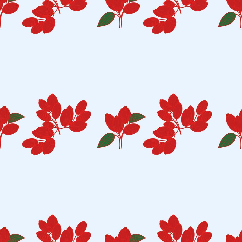 Seamless pattern with red barberry clusters with green leaves on a blue background. Botany pattern. For textiles, wallpapers, and decorative applications vector
