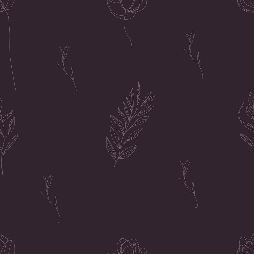 Seamless botanical pattern with abstract purple leaves. Abstract line art grass. Minimalist and elegant design, perfect for textiles, wallpaper, and decor. vector
