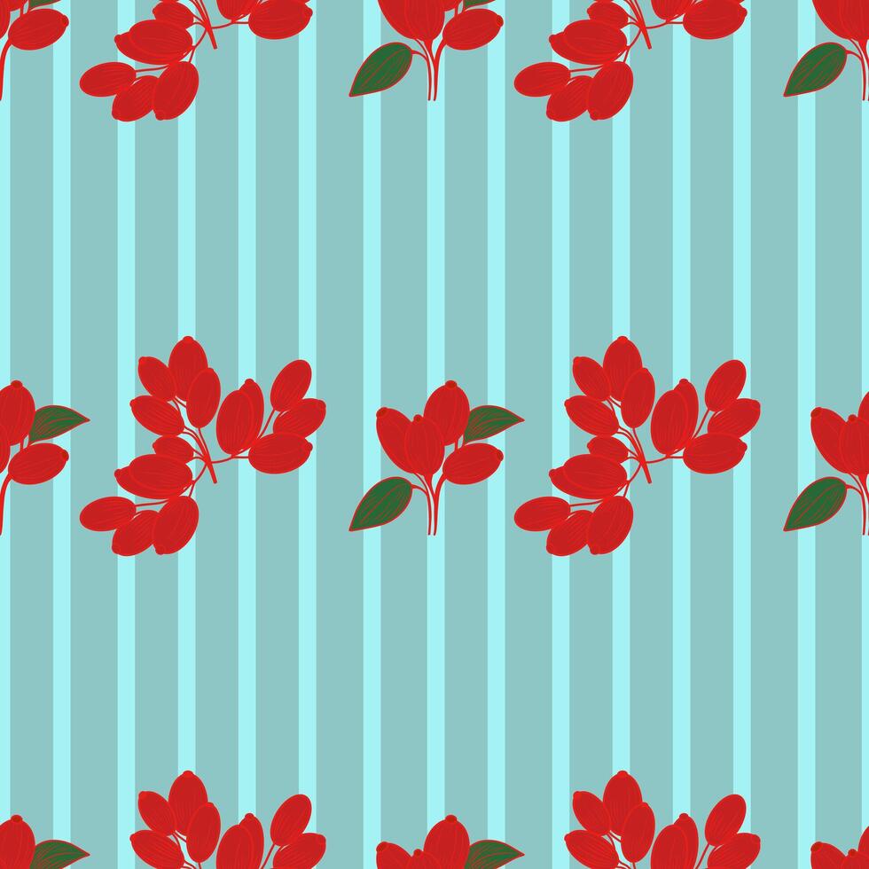 Seamless pattern with barberry on a striped turquoise background. Elegant botanical design. For fabric, wallpaper, and decorative prints. vector