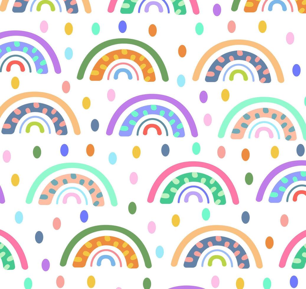 Doodle pattern with colorful rainbows and dots. Trendy design for child texture, wrapping, apparel, textile, print, wallpapers, fabrics. Cute kids illustration on white background vector