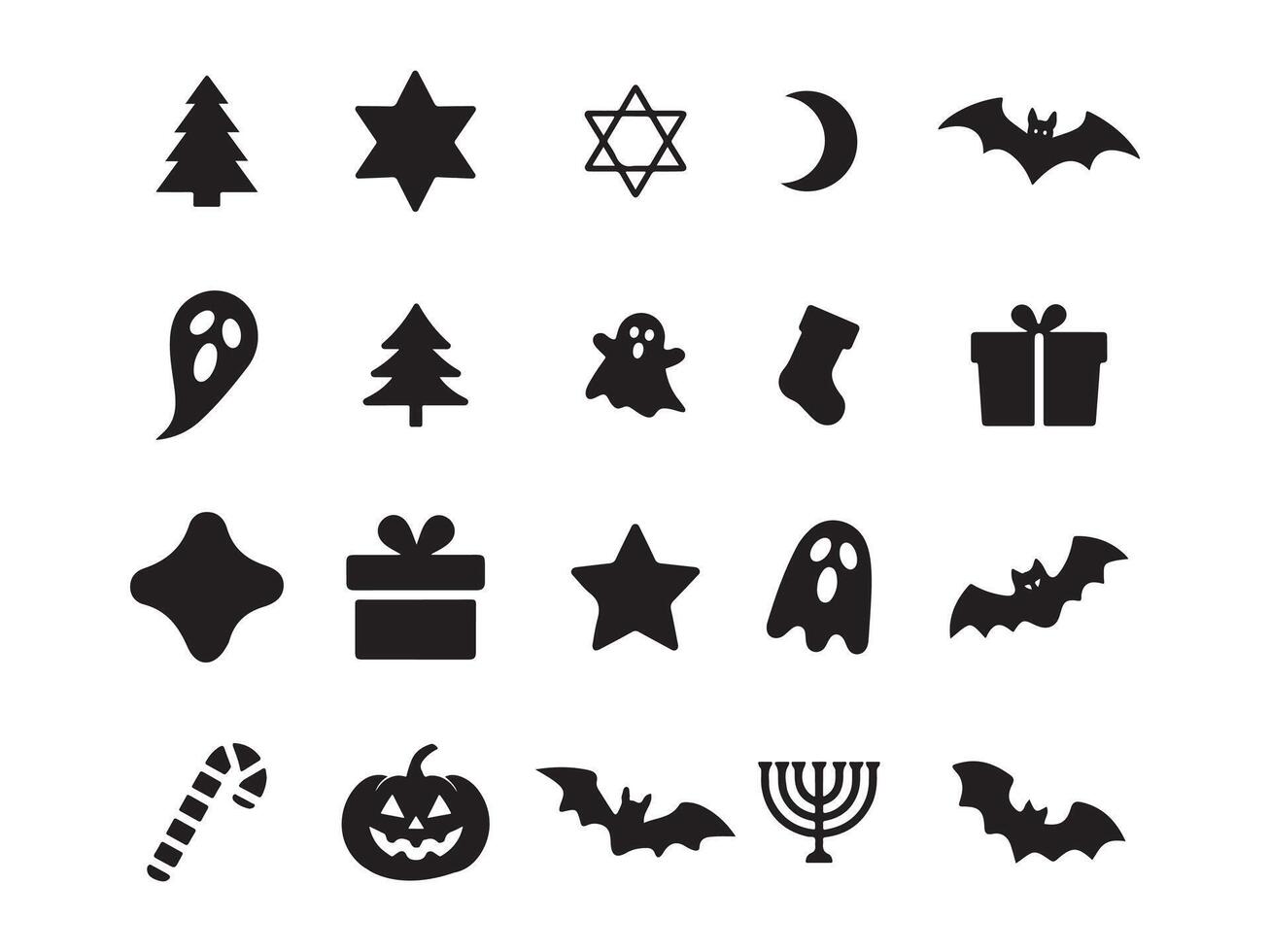 Set of decorative christmas element illustration. Collection of Christmas tree, ornaments, lights, wreaths, reindeer, gifts, bauble ball. Design for sticker, card, poster, invitation, greeting. vector